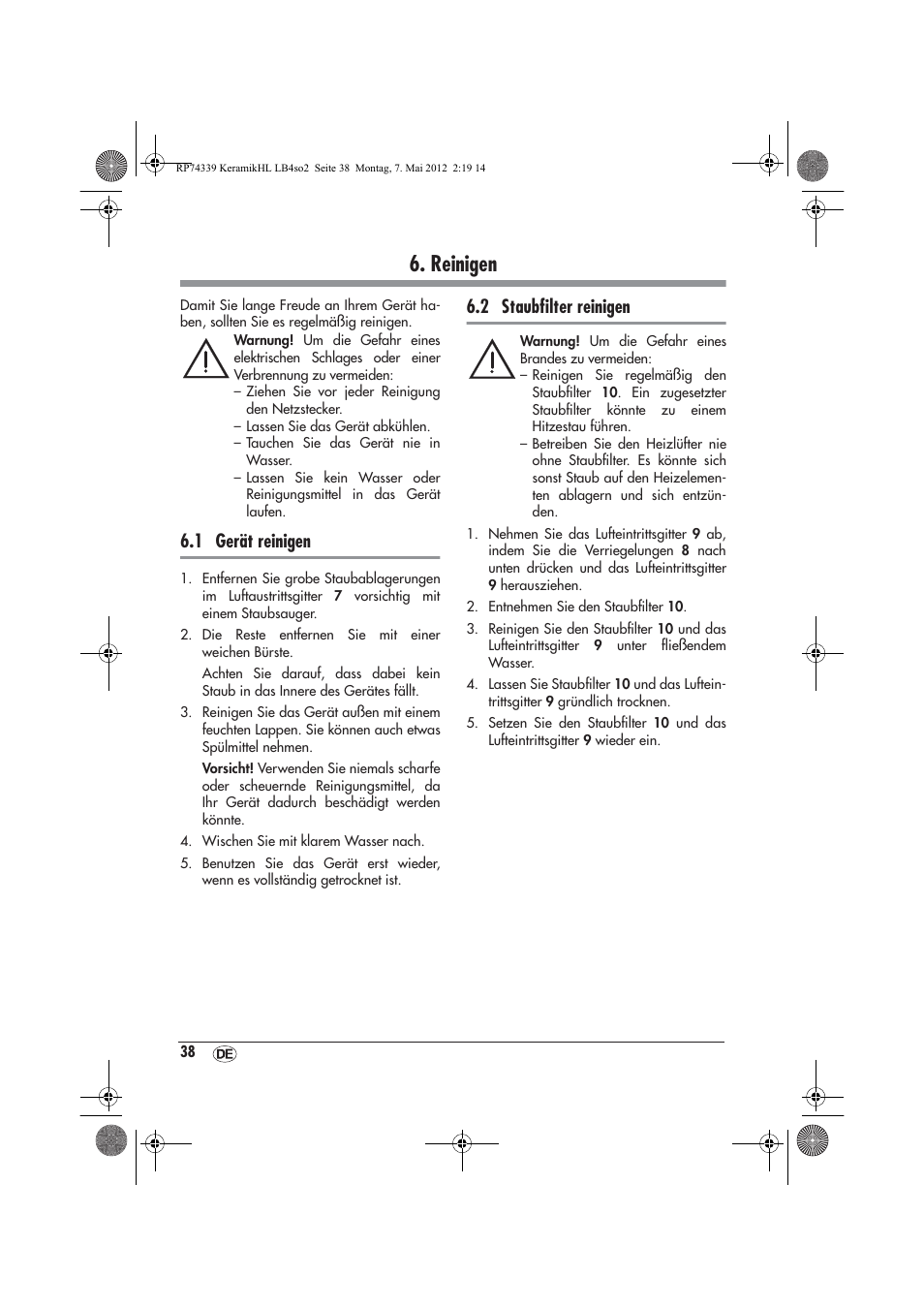 Reinigen, 1 gerät reinigen, 2 staubﬁlter reinigen | Silvercrest SKHD 1800 A1 User Manual | Page 40 / 46