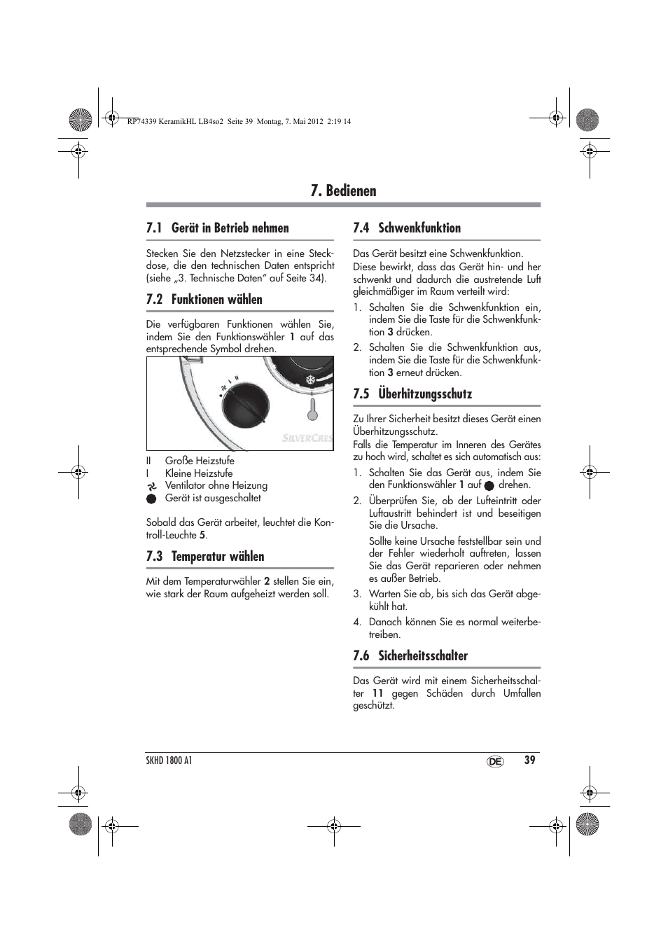 Bedienen, 1 gerät in betrieb nehmen, 2 funktionen wählen | 3 temperatur wählen, 4 schwenkfunktion, 5 überhitzungsschutz, 6 sicherheitsschalter | Silvercrest SKHD 1800 A1 User Manual | Page 41 / 46