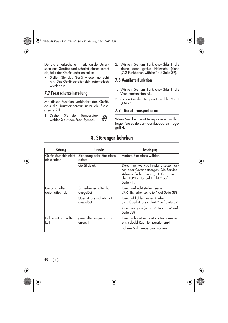 Störungen beheben, 7 frostschutzeinstellung, 8 ventilatorfunktion | 9 gerät transportieren | Silvercrest SKHD 1800 A1 User Manual | Page 42 / 46