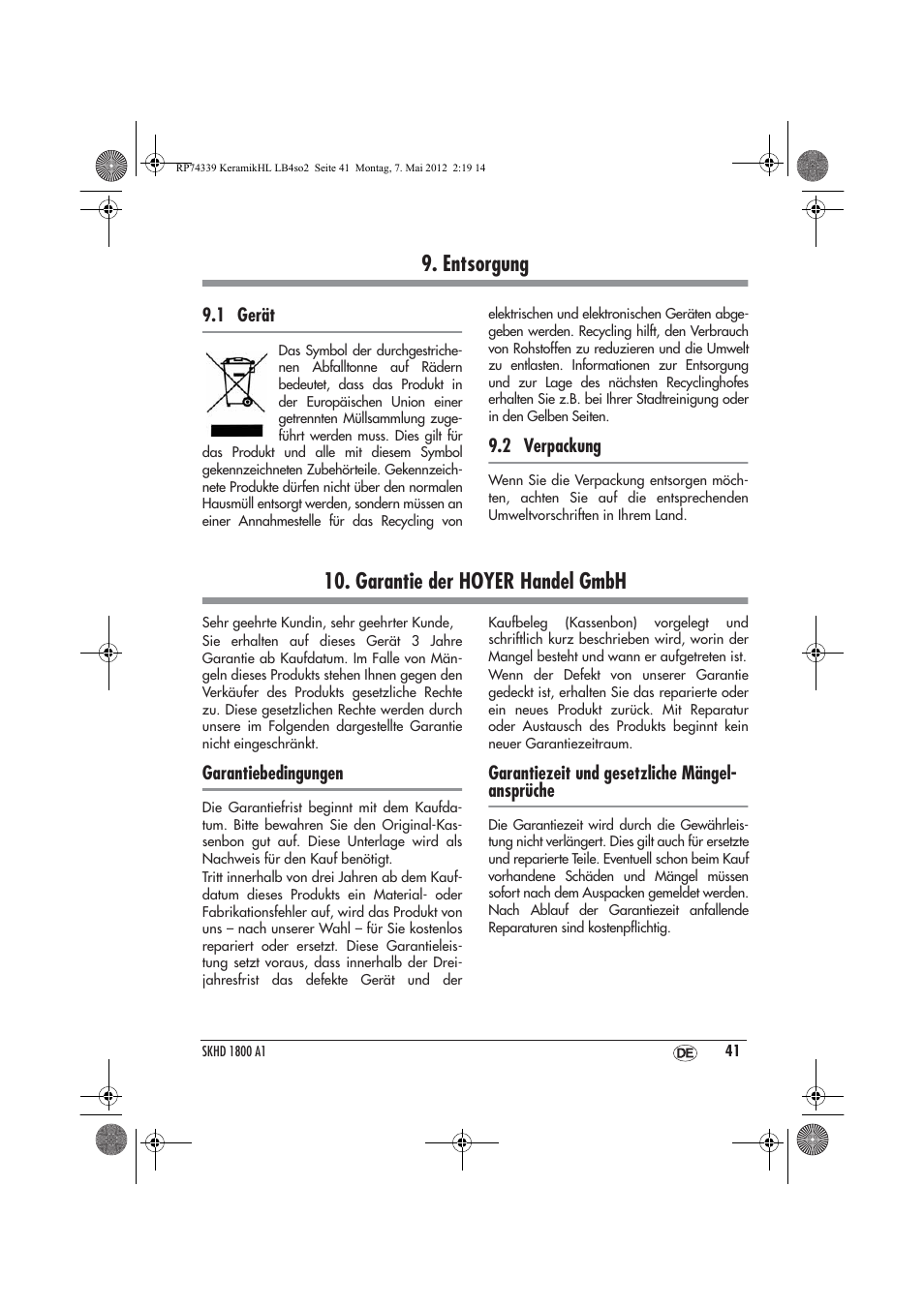 Entsorgung, Garantie der hoyer handel gmbh | Silvercrest SKHD 1800 A1 User Manual | Page 43 / 46