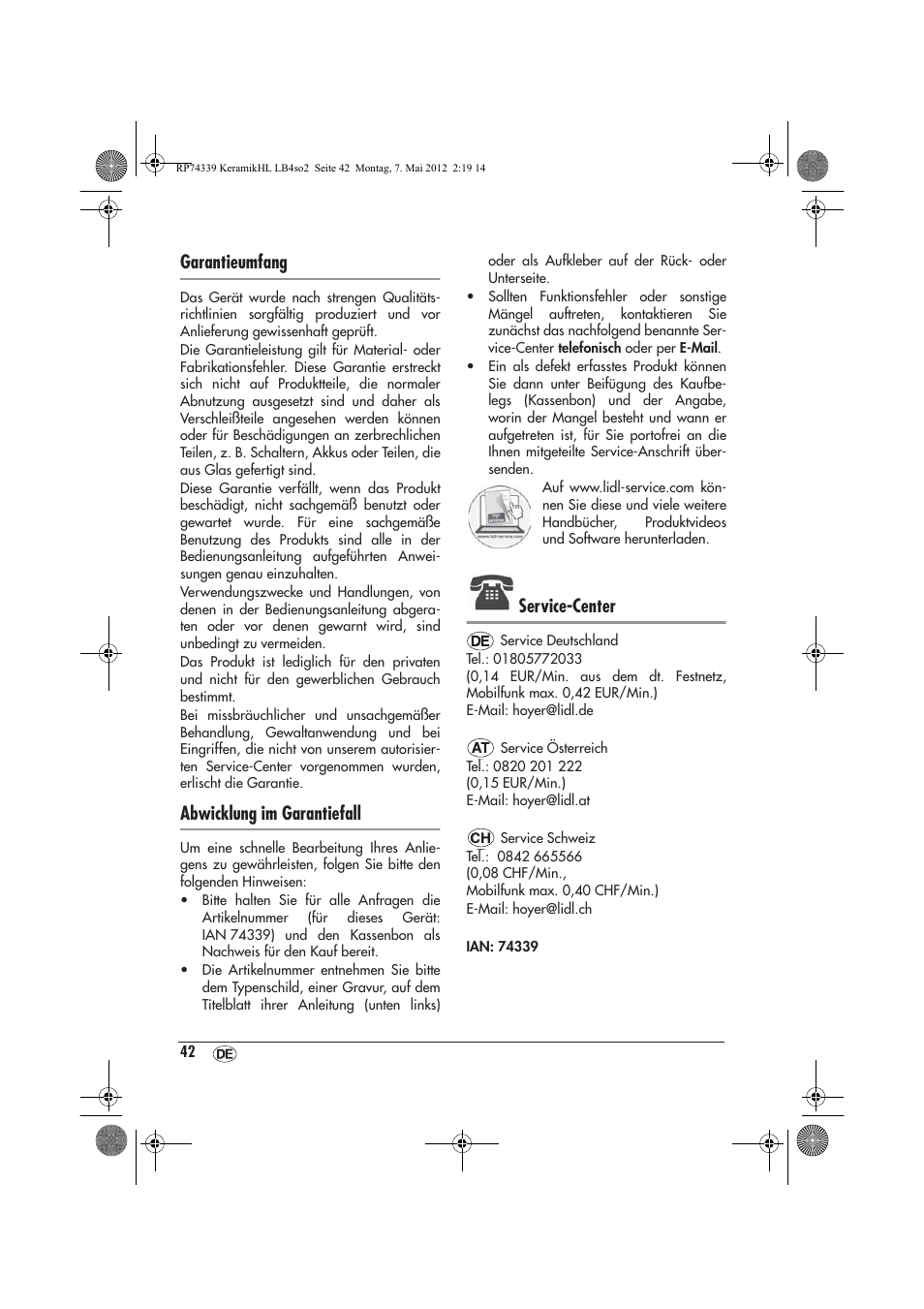 Garantieumfang, Abwicklung im garantiefall, Service-center | Silvercrest SKHD 1800 A1 User Manual | Page 44 / 46