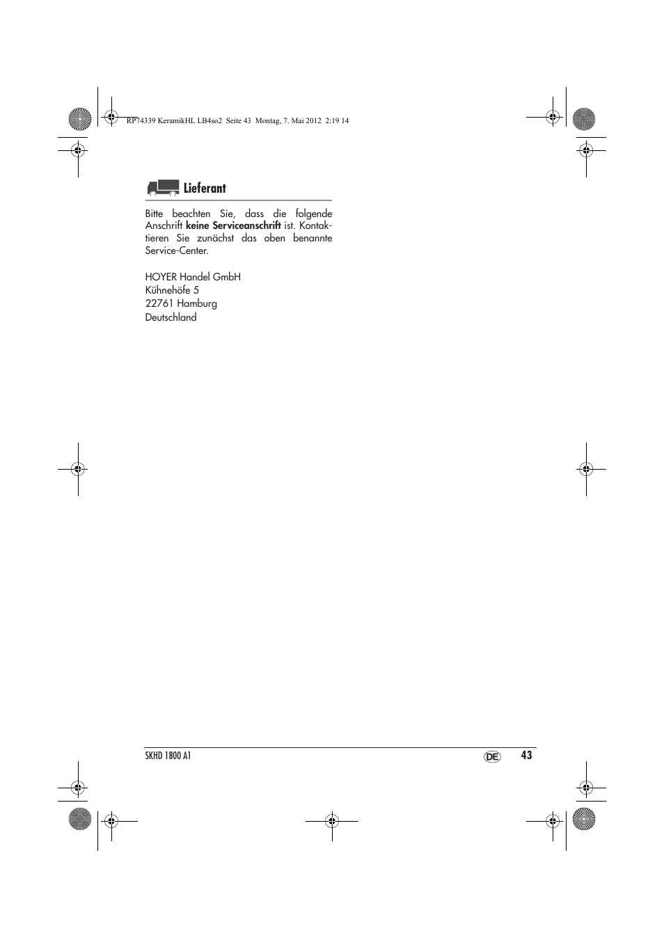 Lieferant | Silvercrest SKHD 1800 A1 User Manual | Page 45 / 46