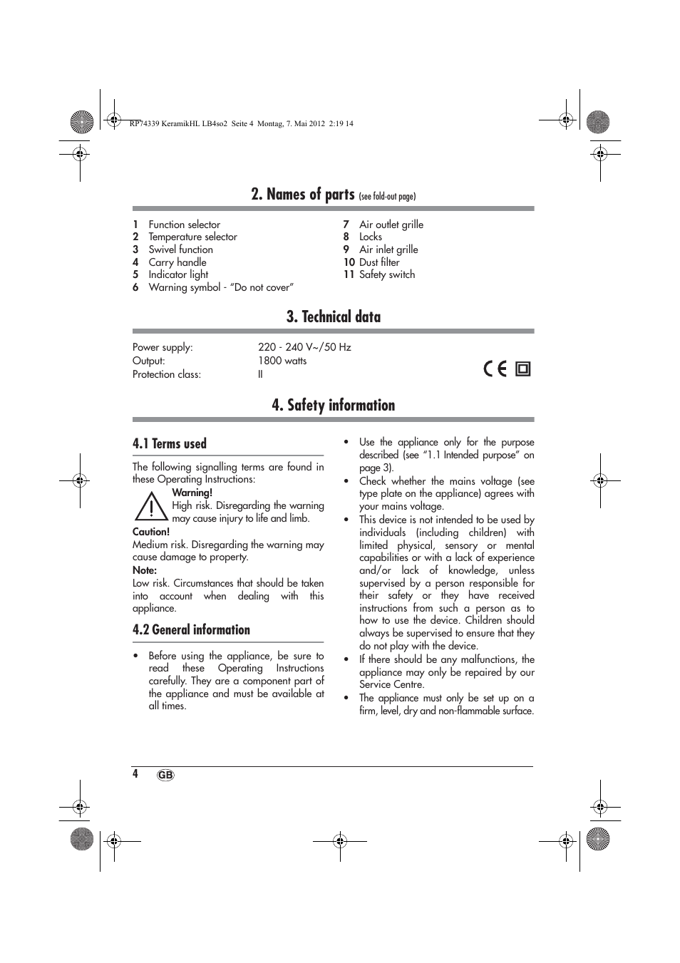 Names of parts, Technical data, Safety information | 1 terms used, 2 general information | Silvercrest SKHD 1800 A1 User Manual | Page 6 / 46