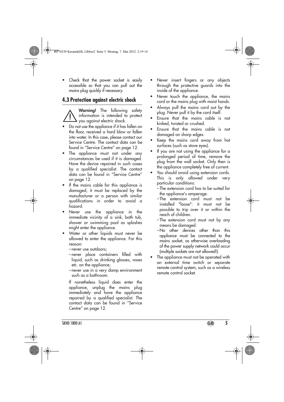 3 protection against electric shock | Silvercrest SKHD 1800 A1 User Manual | Page 7 / 46