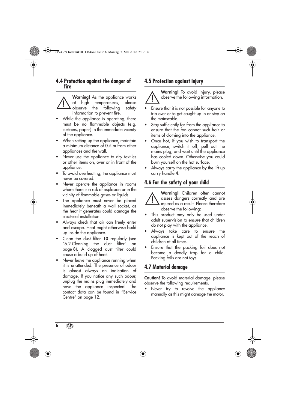 4 protection against the danger of ﬁre, 5 protection against injury, 6 for the safety of your child | 7 material damage | Silvercrest SKHD 1800 A1 User Manual | Page 8 / 46