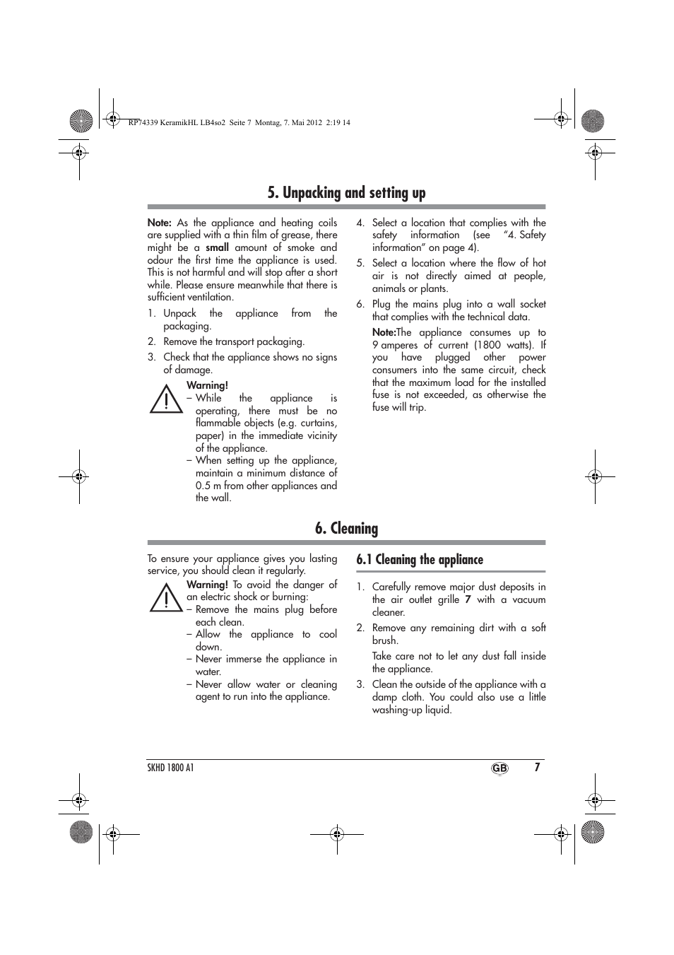 Unpacking and setting up, Cleaning, 1 cleaning the appliance | Silvercrest SKHD 1800 A1 User Manual | Page 9 / 46