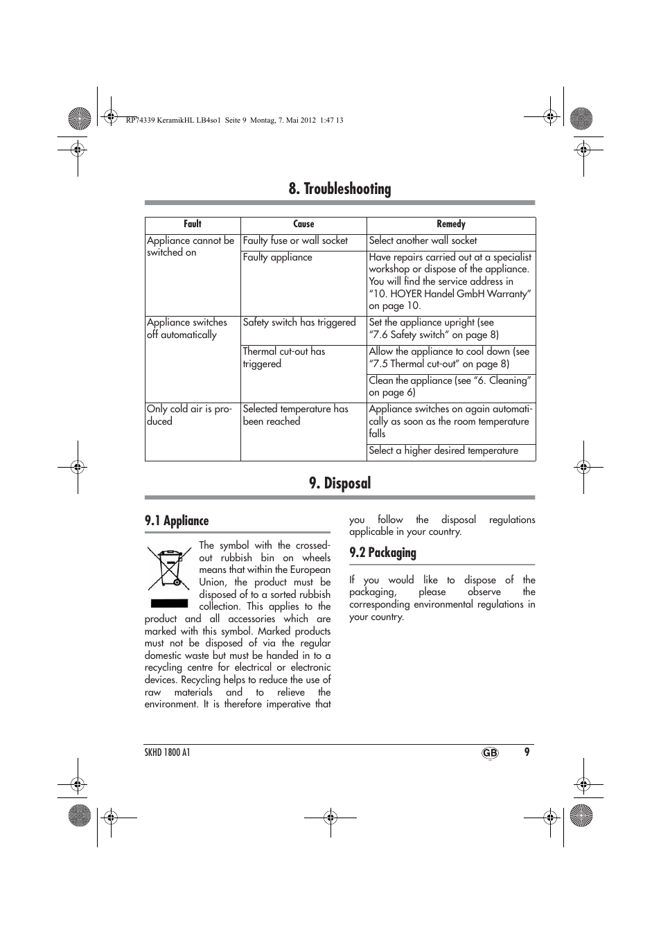 Troubleshooting 9. disposal, 1 appliance, 2 packaging | Silvercrest SKHD 1800 A1 User Manual | Page 11 / 58