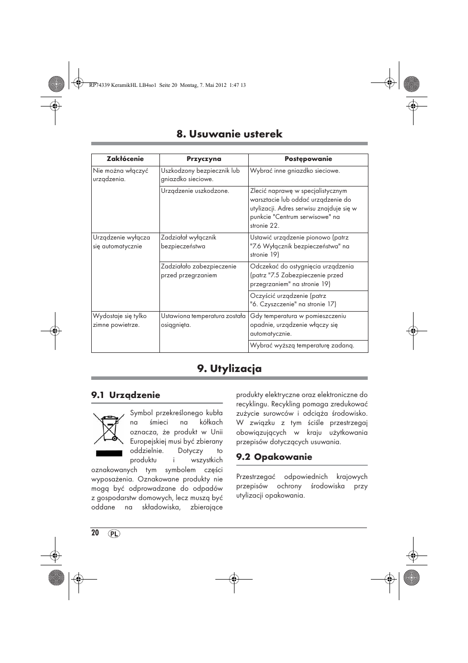 Usuwanie usterek 9. utylizacja, 1 urządzenie, 2 opakowanie | Silvercrest SKHD 1800 A1 User Manual | Page 22 / 58