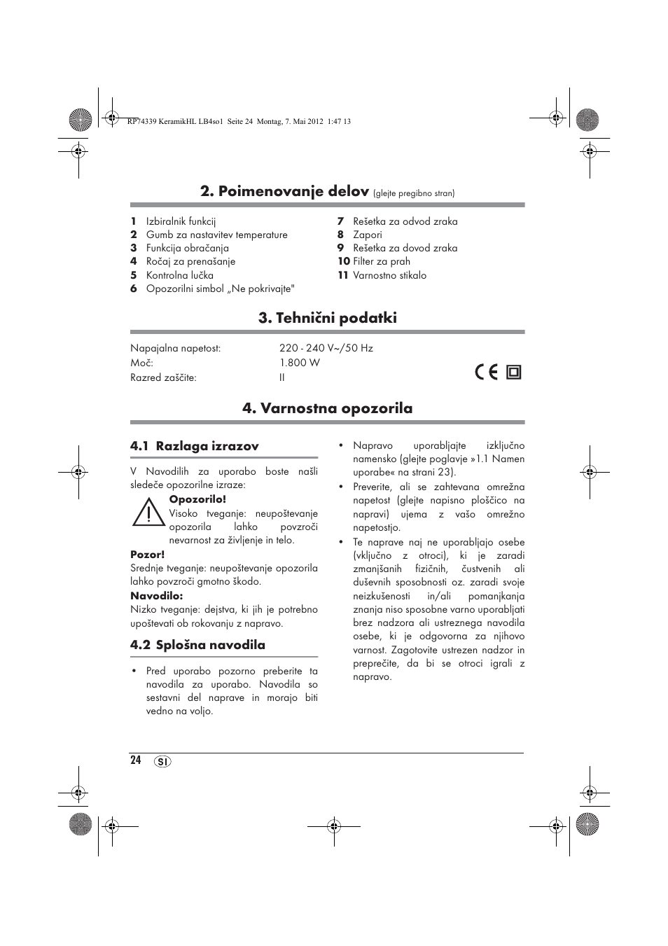 Poimenovanje delov, Tehnični podatki, Varnostna opozorila | Silvercrest SKHD 1800 A1 User Manual | Page 26 / 58