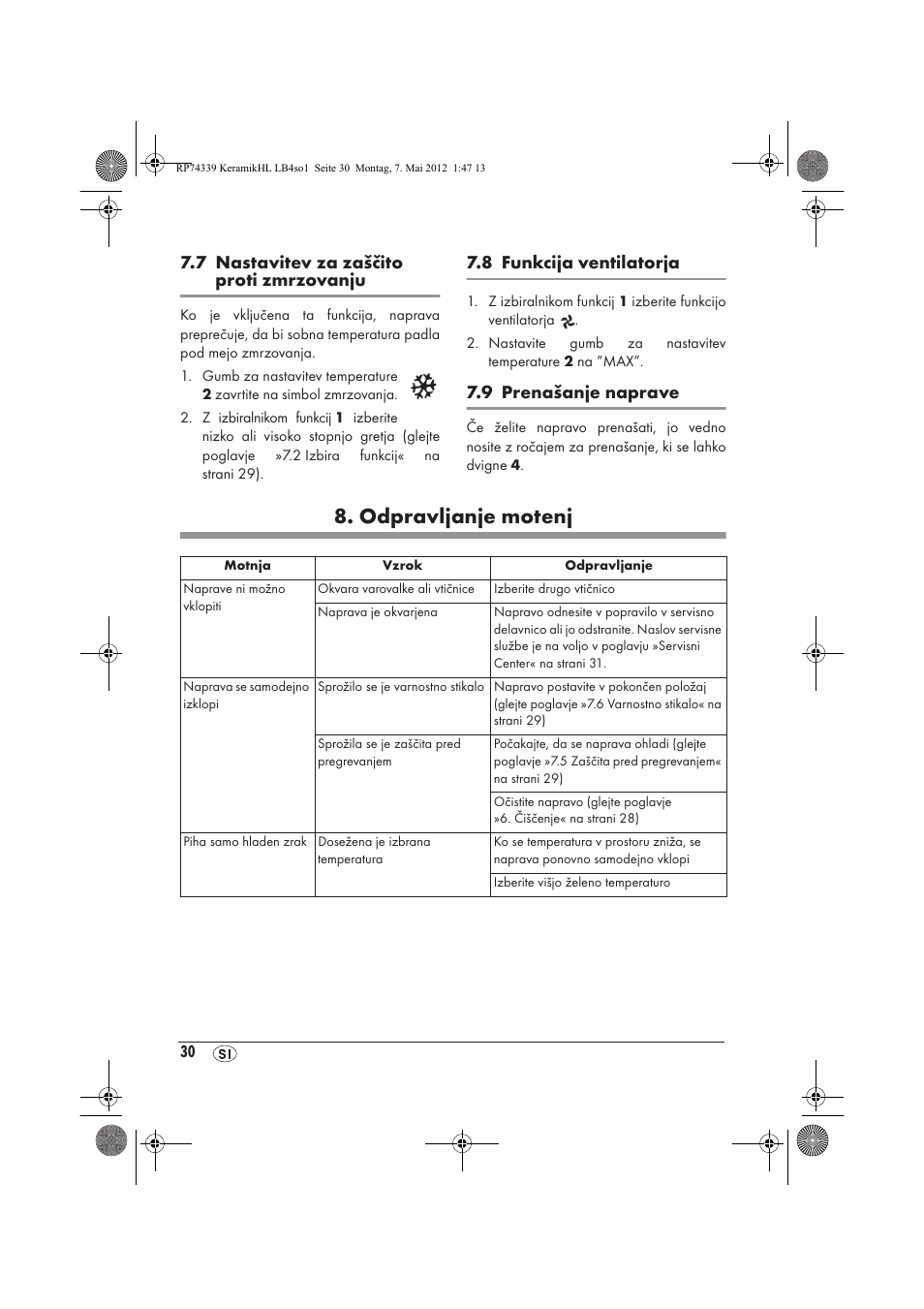 Odpravljanje motenj, 7 nastavitev za zaščito proti zmrzovanju, 8 funkcija ventilatorja | 9 prenašanje naprave | Silvercrest SKHD 1800 A1 User Manual | Page 32 / 58