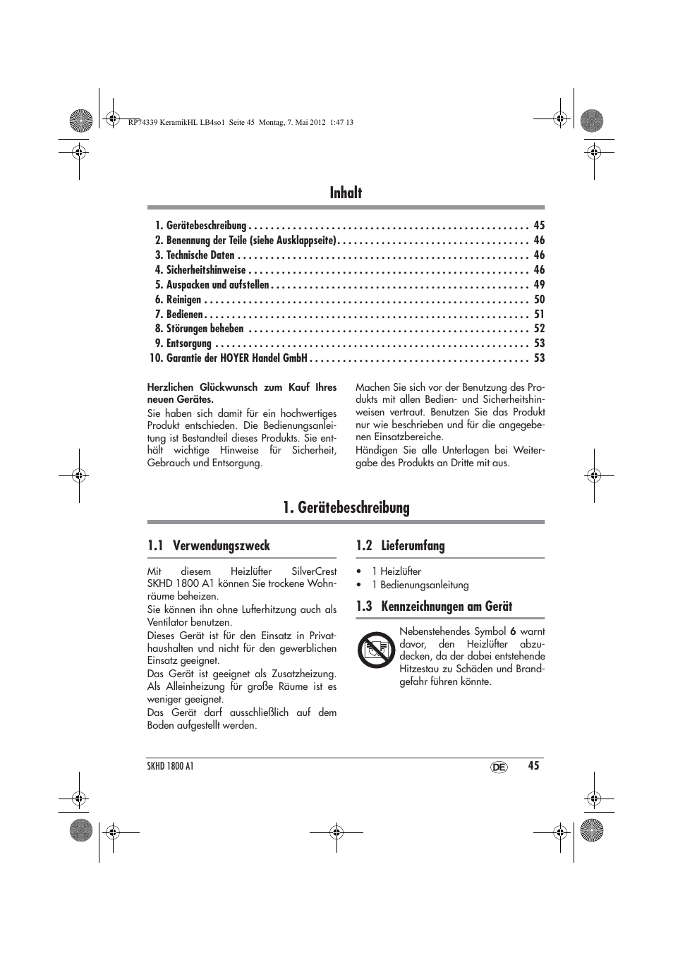 Inhalt, Gerätebeschreibung | Silvercrest SKHD 1800 A1 User Manual | Page 47 / 58