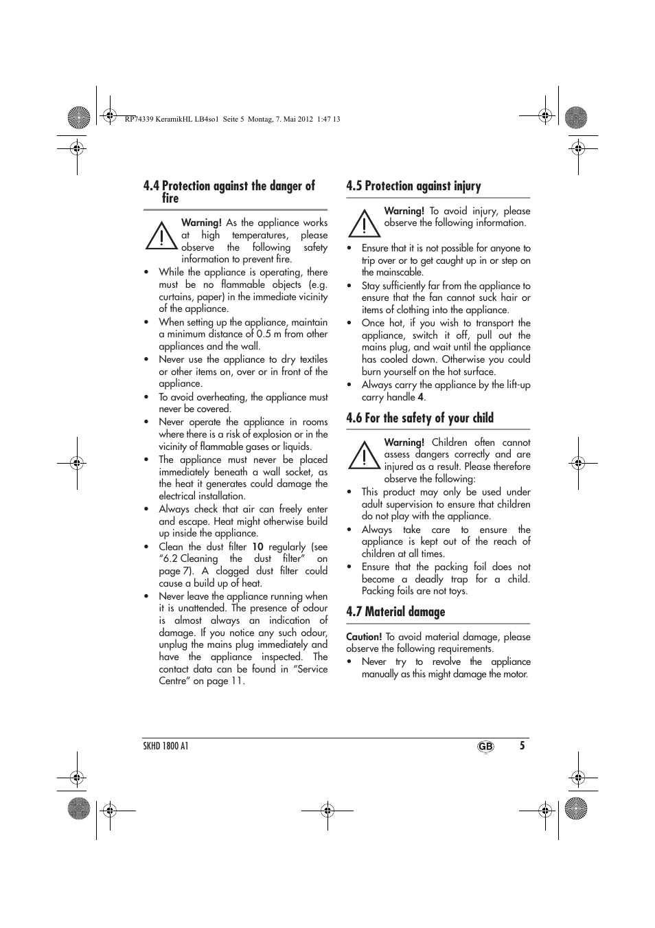 4 protection against the danger of ﬁre, 5 protection against injury, 6 for the safety of your child | 7 material damage | Silvercrest SKHD 1800 A1 User Manual | Page 7 / 58