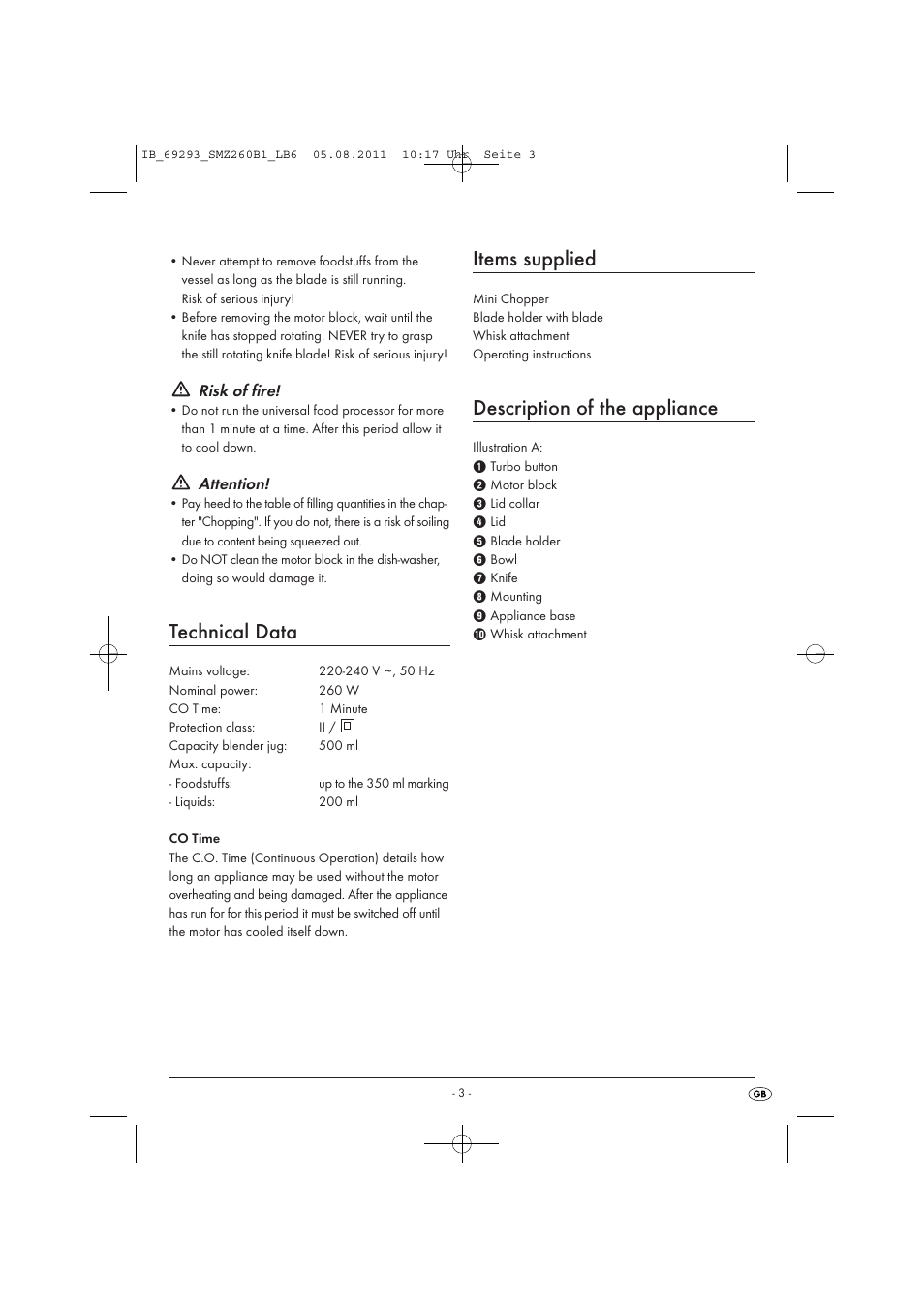 Technical data, Items supplied, Description of the appliance | Risk of fire, Attention | Silvercrest SMZ 260 B1 User Manual | Page 5 / 17