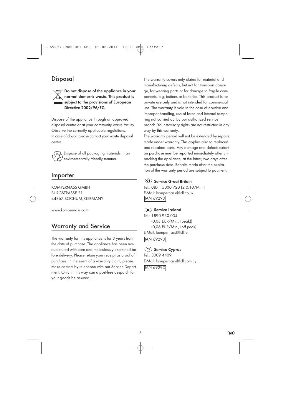 Disposal, Importer, Warranty and service | Silvercrest SMZ 260 B1 User Manual | Page 9 / 17