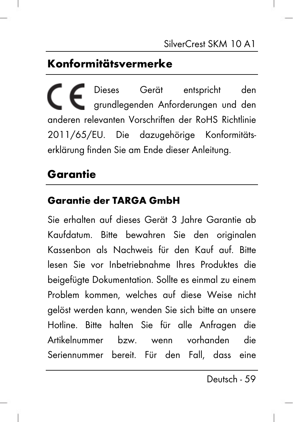 Konformitätsvermerke, Garantie | Silvercrest SKM 10 A1 User Manual | Page 61 / 64