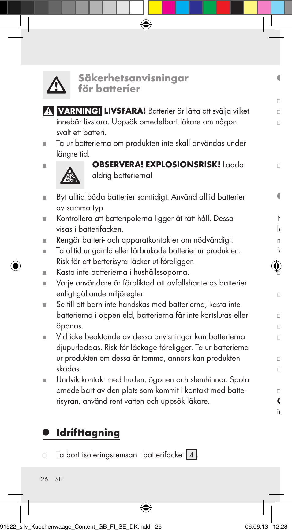 Säkerhetsanvisningar för batterier, Idrifttagning, Byta batterier (bild b) | Ställa in klockslag (bild a) | Silvercrest Z31622A/ Z31622B/ Z31622C User Manual | Page 26 / 70