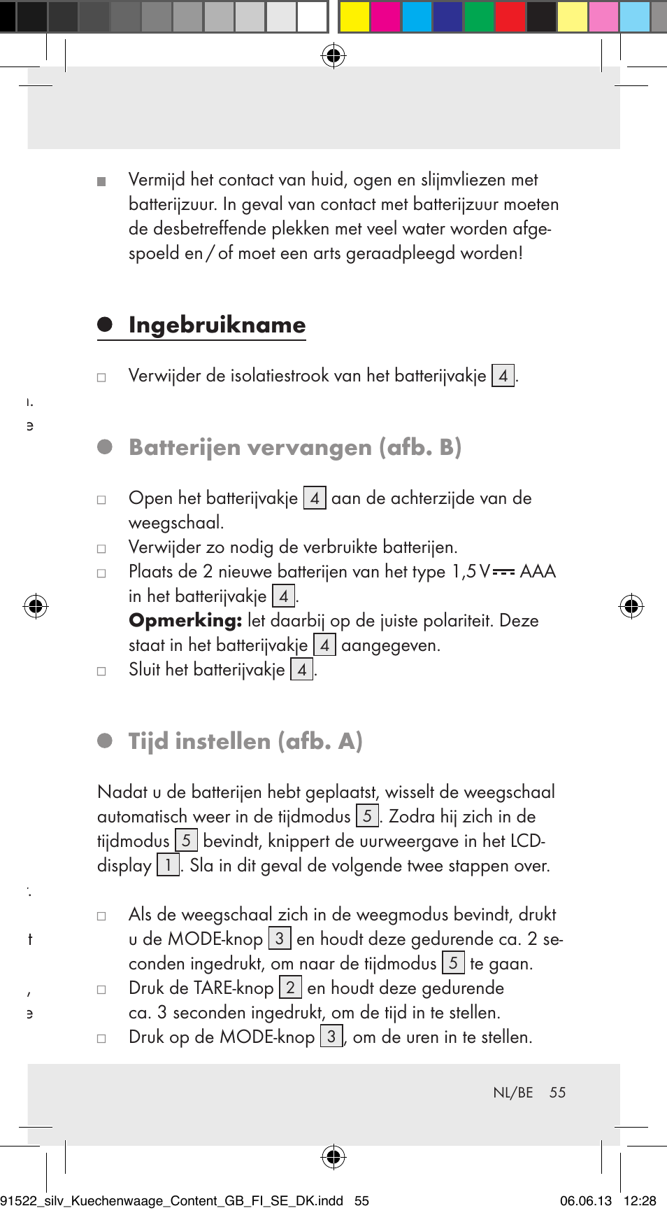 Ingebruikname, Batterijen vervangen (afb. b), Tijd instellen (afb. a) | Silvercrest Z31622A/ Z31622B/ Z31622C User Manual | Page 55 / 70