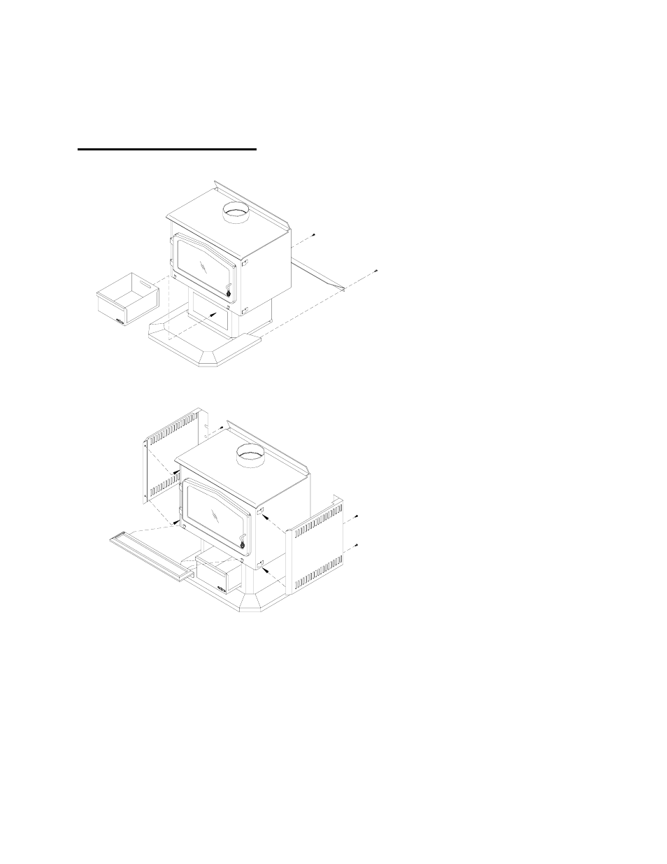 Assembly, Pedestal and panels, Pedestal base installation | Side panels and ash lip installation | Drolet Jurassien User Manual | Page 5 / 26