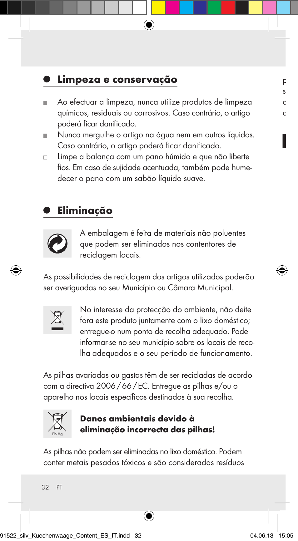 Limpeza e conservação, Eliminação | Silvercrest Z31622A/ Z31622B/ Z31622C User Manual | Page 32 / 53