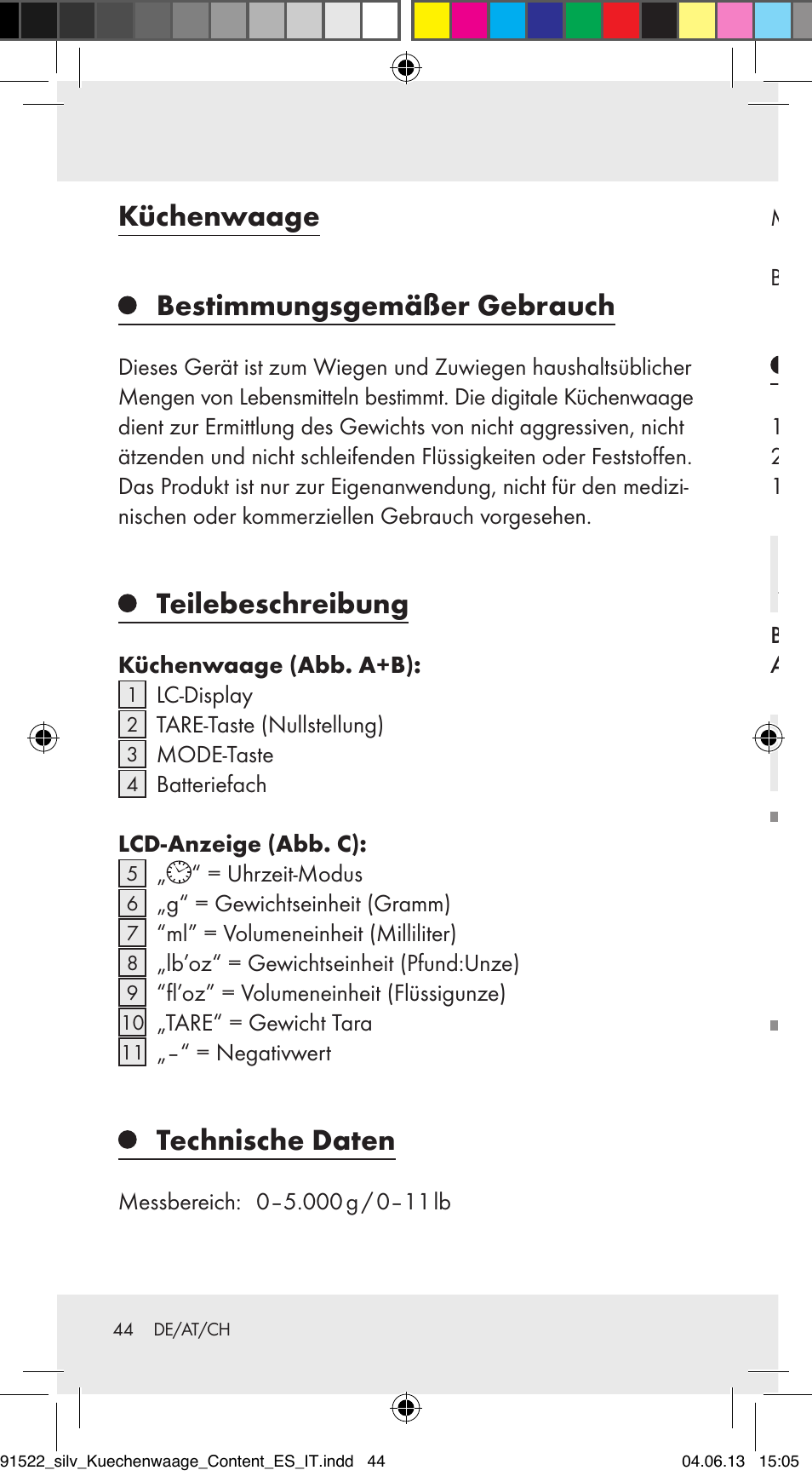 Küchenwaage bestimmungsgemäßer gebrauch, Teilebeschreibung, Technische daten | Lieferumfang, Sicherheitshinweise, Allgemeine sicherheitshinweise | Silvercrest Z31622A/ Z31622B/ Z31622C User Manual | Page 44 / 53