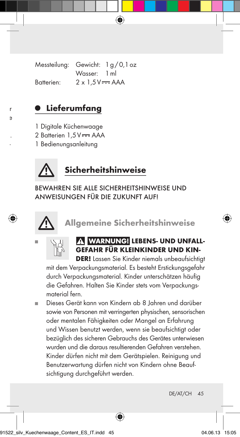 Küchenwaage bestimmungsgemäßer gebrauch, Teilebeschreibung, Technische daten | Lieferumfang, Sicherheitshinweise, Allgemeine sicherheitshinweise | Silvercrest Z31622A/ Z31622B/ Z31622C User Manual | Page 45 / 53