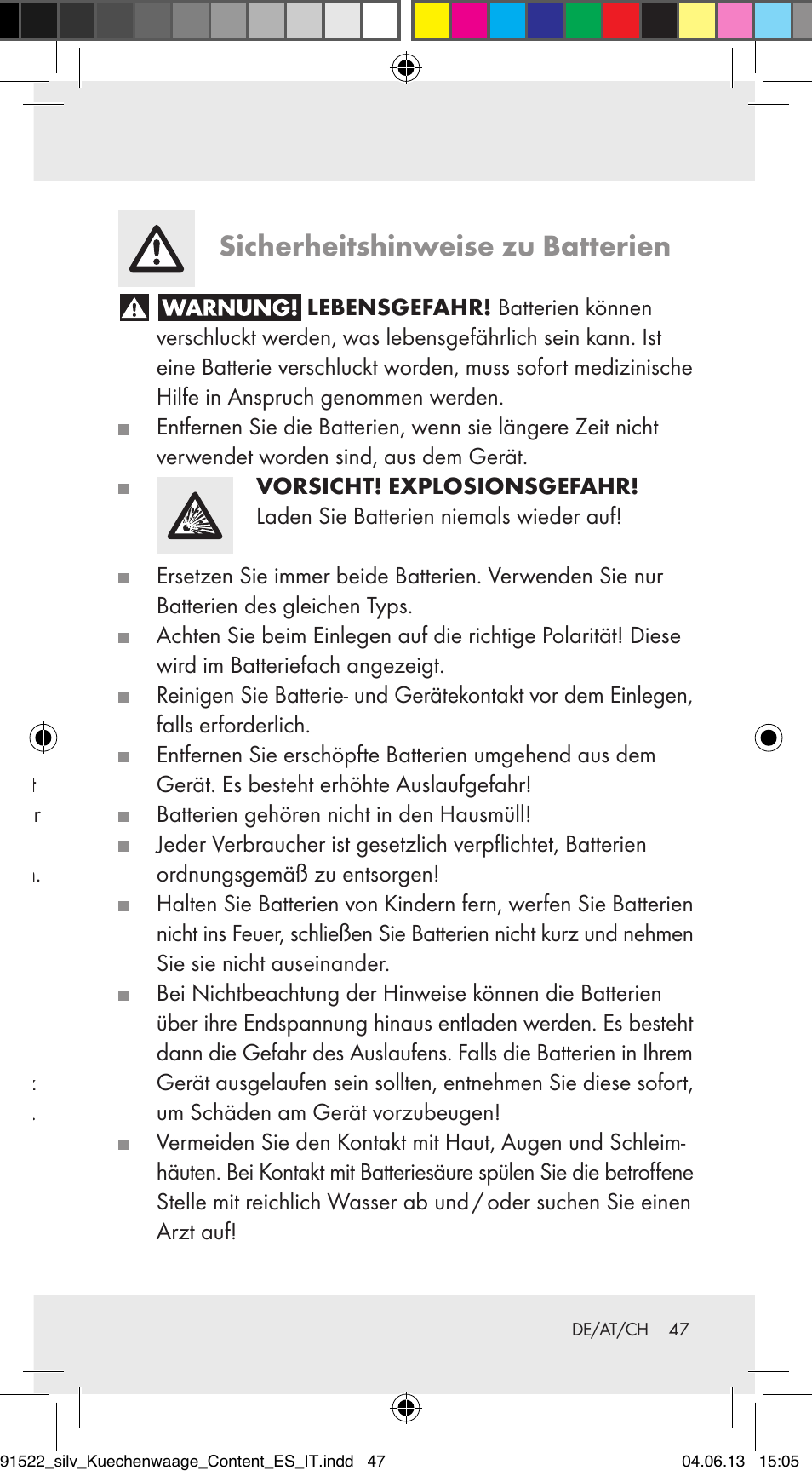 Sicherheitshinweise zu batterien | Silvercrest Z31622A/ Z31622B/ Z31622C User Manual | Page 47 / 53