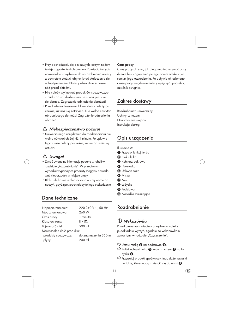 Dane techniczne, Zakres dostawy, Opis urządzenia | Rozdrabnianie, Niebezpieczeństwo pożaru, Uwaga, Wskazówka | Silvercrest SMZ 260 B1 User Manual | Page 13 / 57