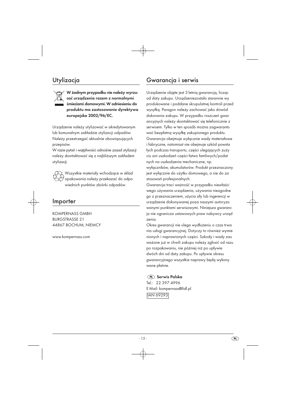 Utylizacja, Importer, Gwarancja i serwis | Silvercrest SMZ 260 B1 User Manual | Page 17 / 57