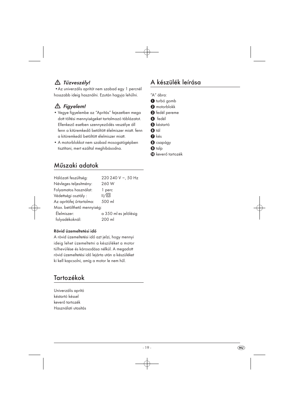 Műszaki adatok, Tartozékok, A készülék leírása | Tűzveszély, Figyelem | Silvercrest SMZ 260 B1 User Manual | Page 21 / 57