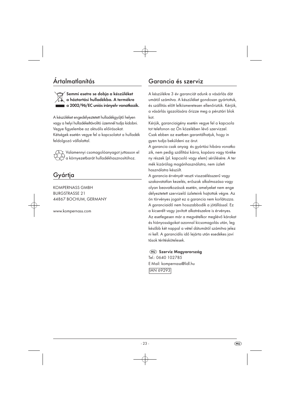 Ártalmatlanítás, Gyártja, Garancia és szerviz | Silvercrest SMZ 260 B1 User Manual | Page 25 / 57