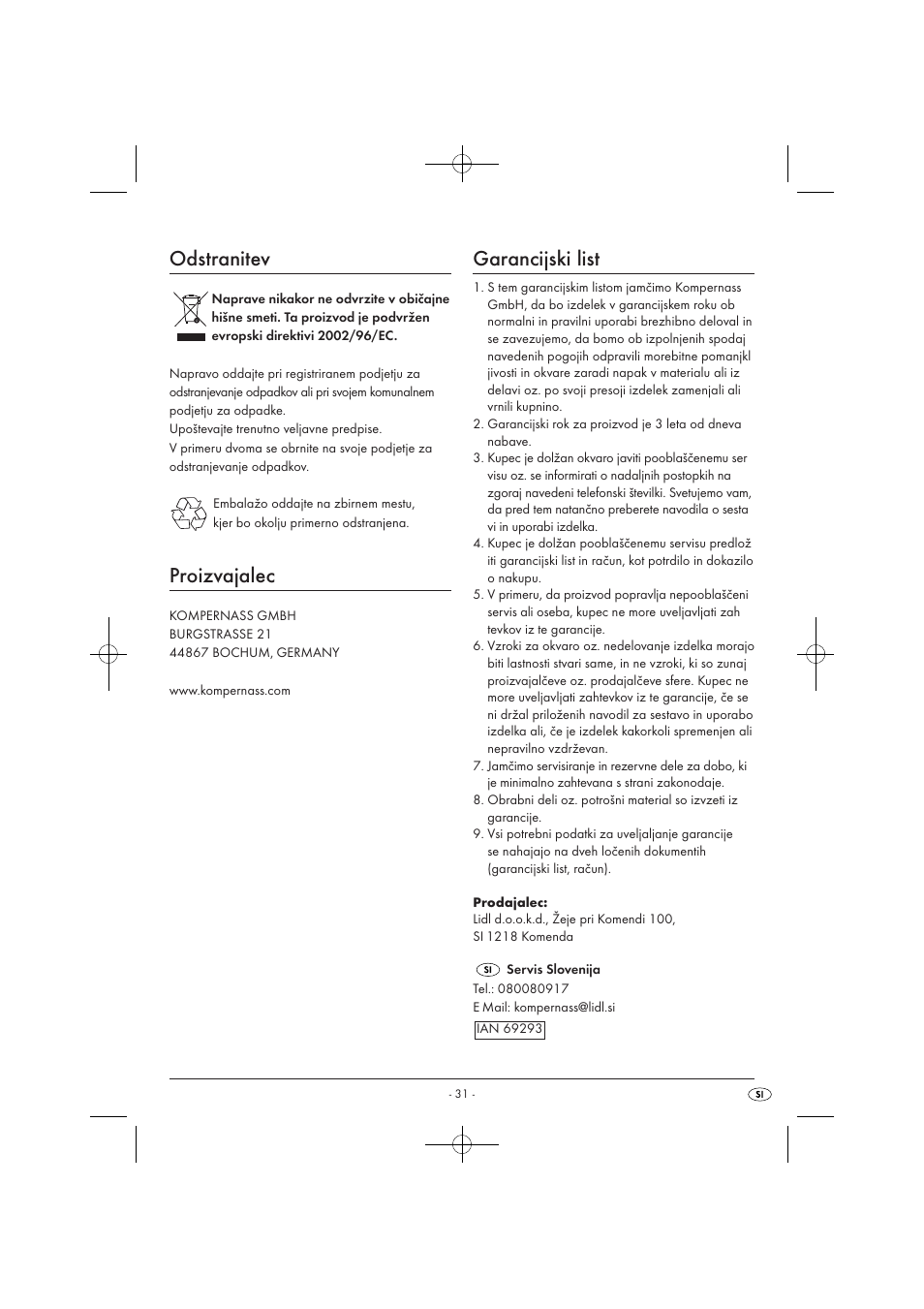 Odstranitev, Proizvajalec, Garancijski list | Silvercrest SMZ 260 B1 User Manual | Page 33 / 57