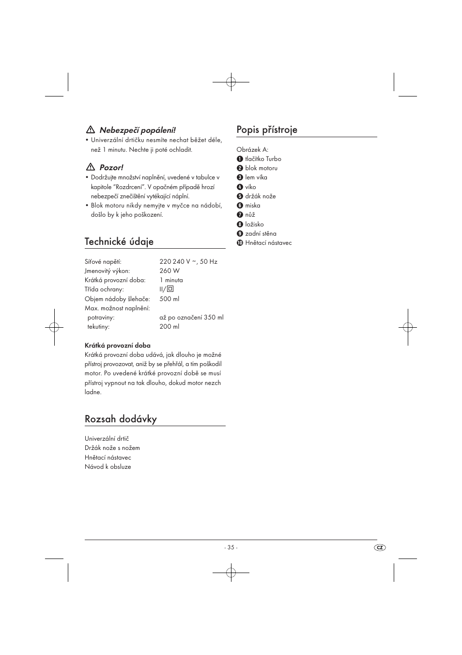 Technické údaje, Rozsah dodávky, Popis přístroje | Nebezpečí popálení, Pozor | Silvercrest SMZ 260 B1 User Manual | Page 37 / 57