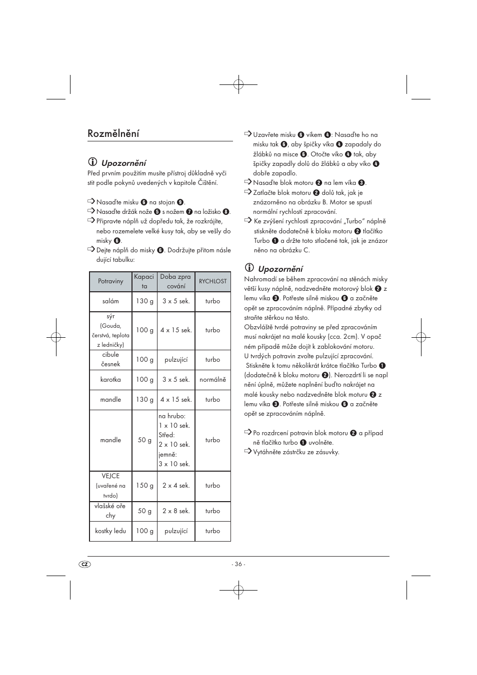 Rozmělnění, Upozornění | Silvercrest SMZ 260 B1 User Manual | Page 38 / 57