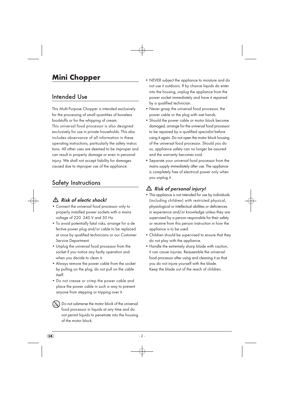 Mini chopper, Intended use, Safety instructions | Risk of electic shock, Risk of personal injury | Silvercrest SMZ 260 B1 User Manual | Page 4 / 57