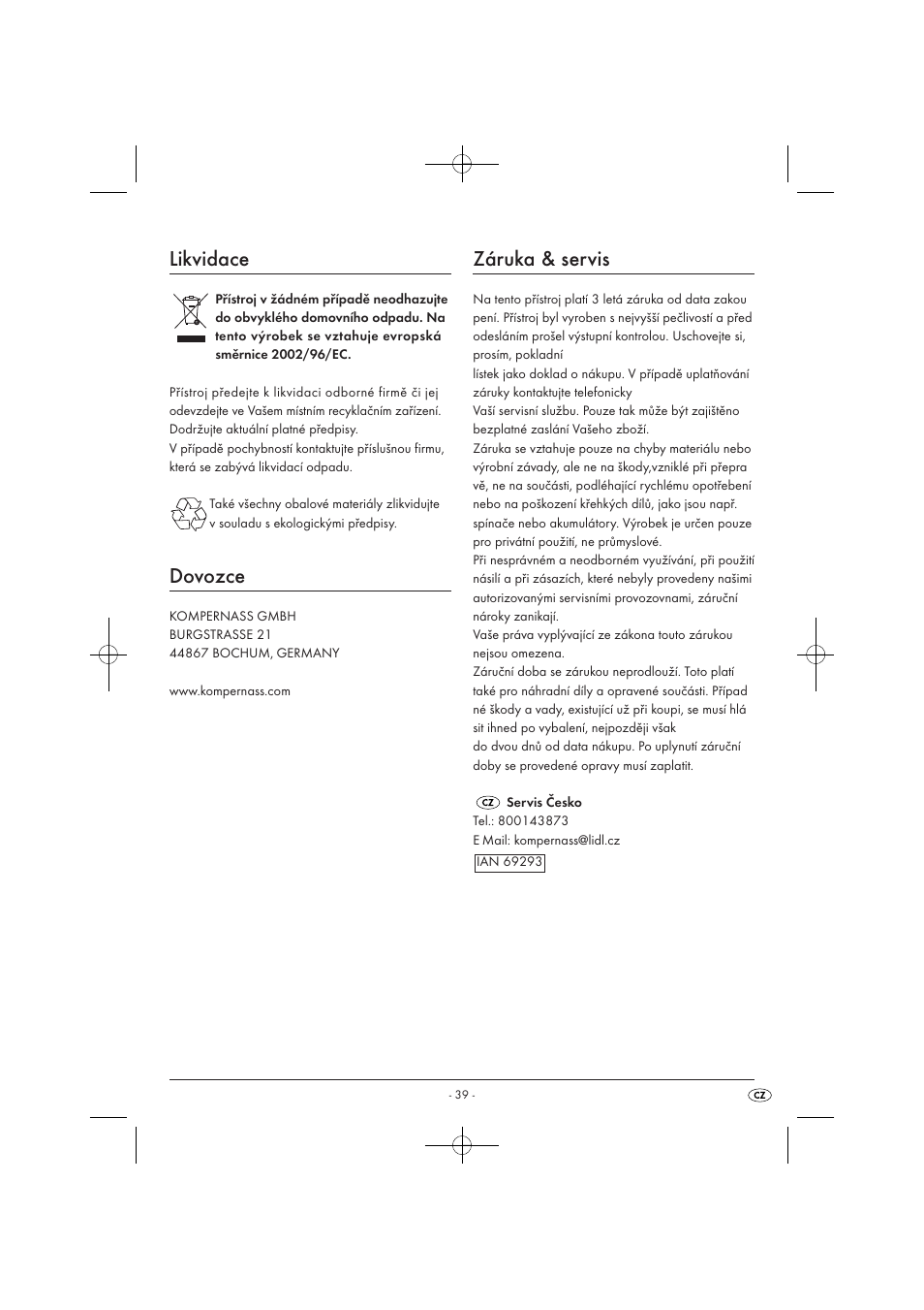 Likvidace, Dovozce, Záruka & servis | Silvercrest SMZ 260 B1 User Manual | Page 41 / 57