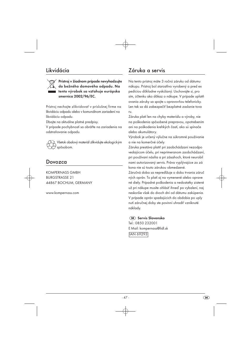 Likvidácia, Dovozca, Záruka a servis | Silvercrest SMZ 260 B1 User Manual | Page 49 / 57