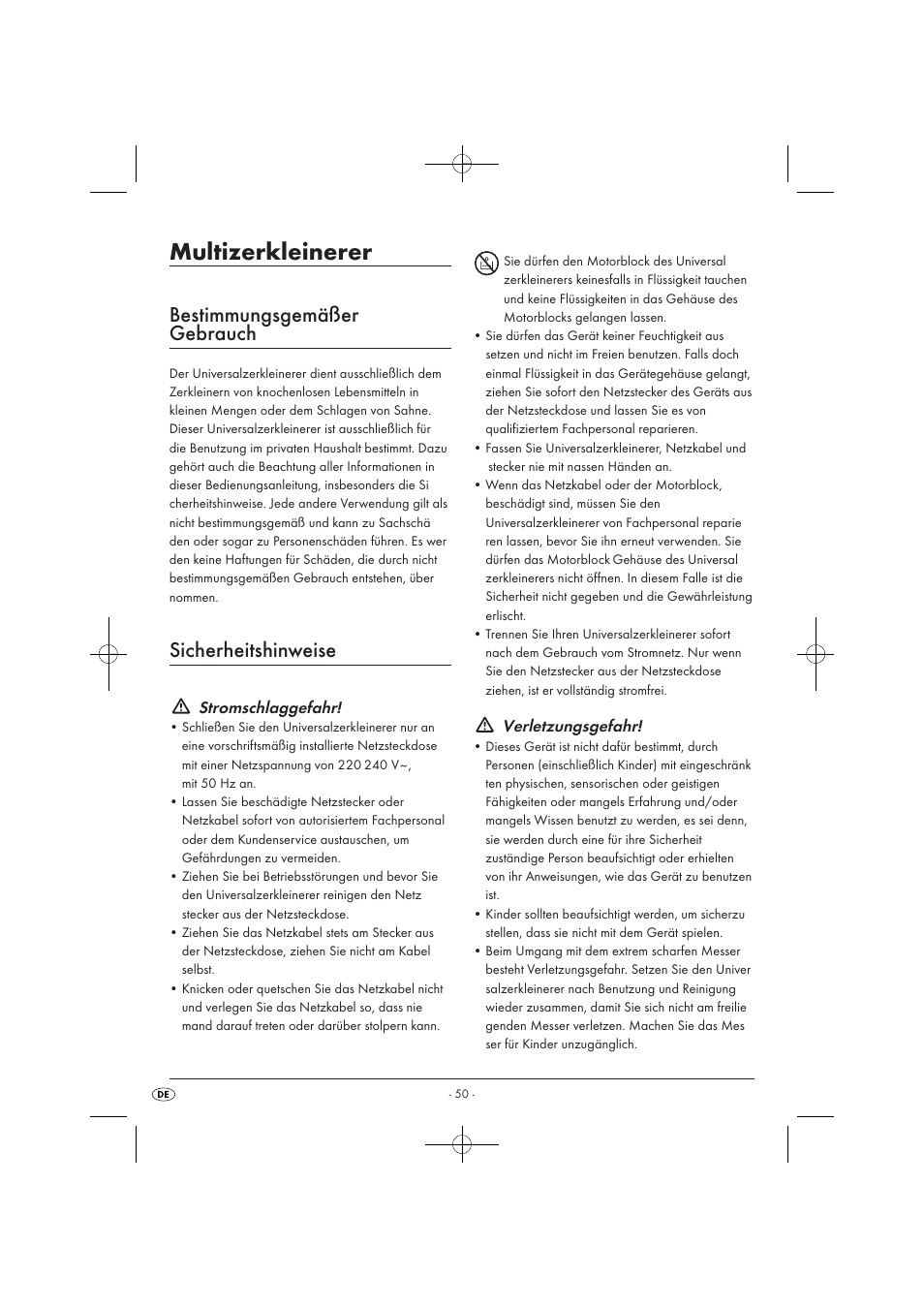 Multizerkleinerer, Bestimmungsgemäßer gebrauch, Sicherheitshinweise | Stromschlaggefahr, Verletzungsgefahr | Silvercrest SMZ 260 B1 User Manual | Page 52 / 57