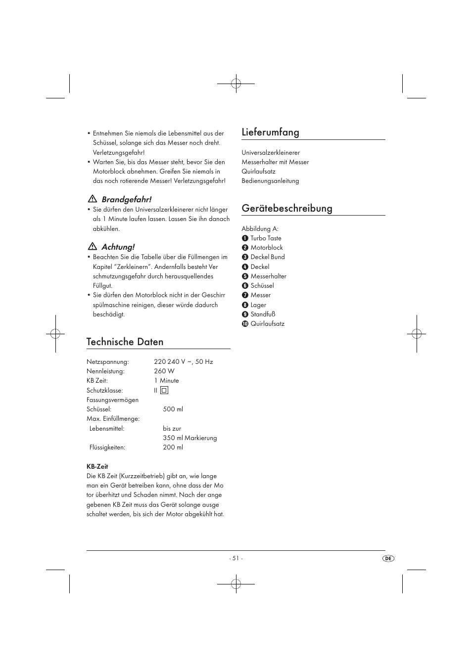 Technische daten, Lieferumfang, Gerätebeschreibung | Brandgefahr, Achtung | Silvercrest SMZ 260 B1 User Manual | Page 53 / 57