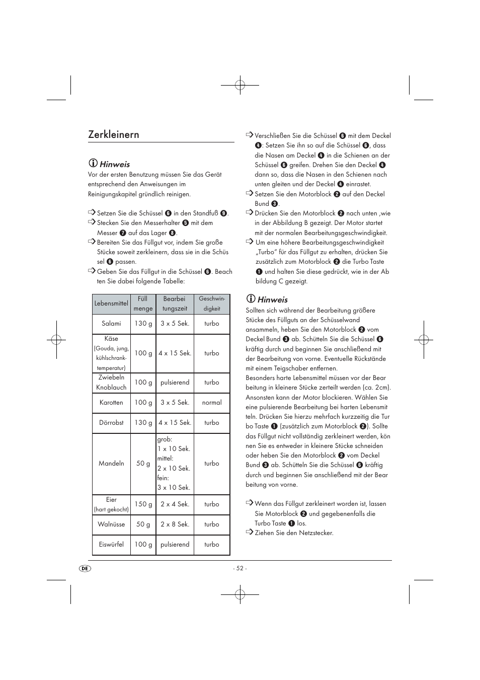 Zerkleinern, Hinweis | Silvercrest SMZ 260 B1 User Manual | Page 54 / 57