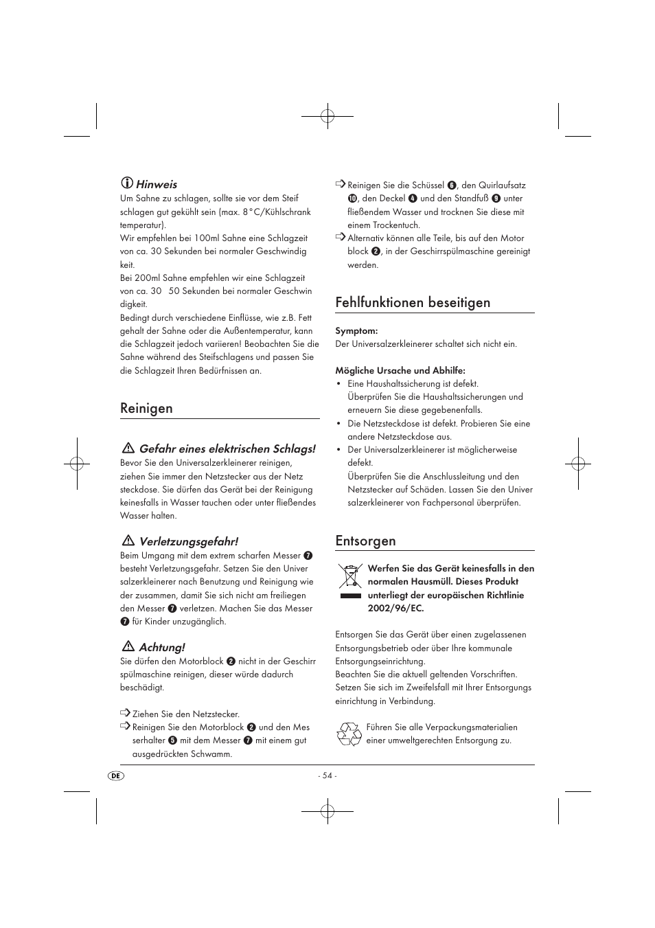 Reinigen, Fehlfunktionen beseitigen, Entsorgen | Silvercrest SMZ 260 B1 User Manual | Page 56 / 57