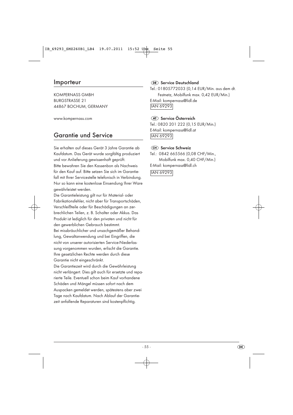 Importeur, Garantie und service | Silvercrest SMZ 260 B1 User Manual | Page 57 / 57