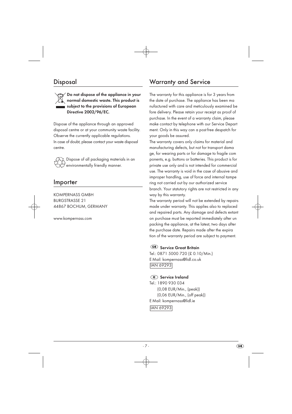 Disposal, Importer, Warranty and service | Silvercrest SMZ 260 B1 User Manual | Page 9 / 57