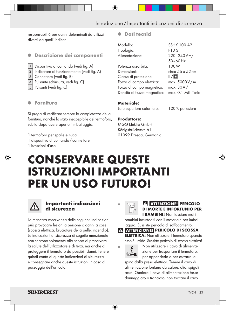 Introduzione / importanti indicazioni di sicurezza | Silvercrest SSHK 100 A2 User Manual | Page 19 / 40