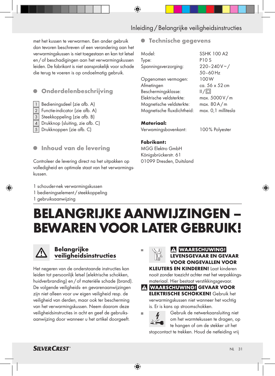 Inleiding / belangrijke veiligheidsinstructies | Silvercrest SSHK 100 A2 User Manual | Page 27 / 40