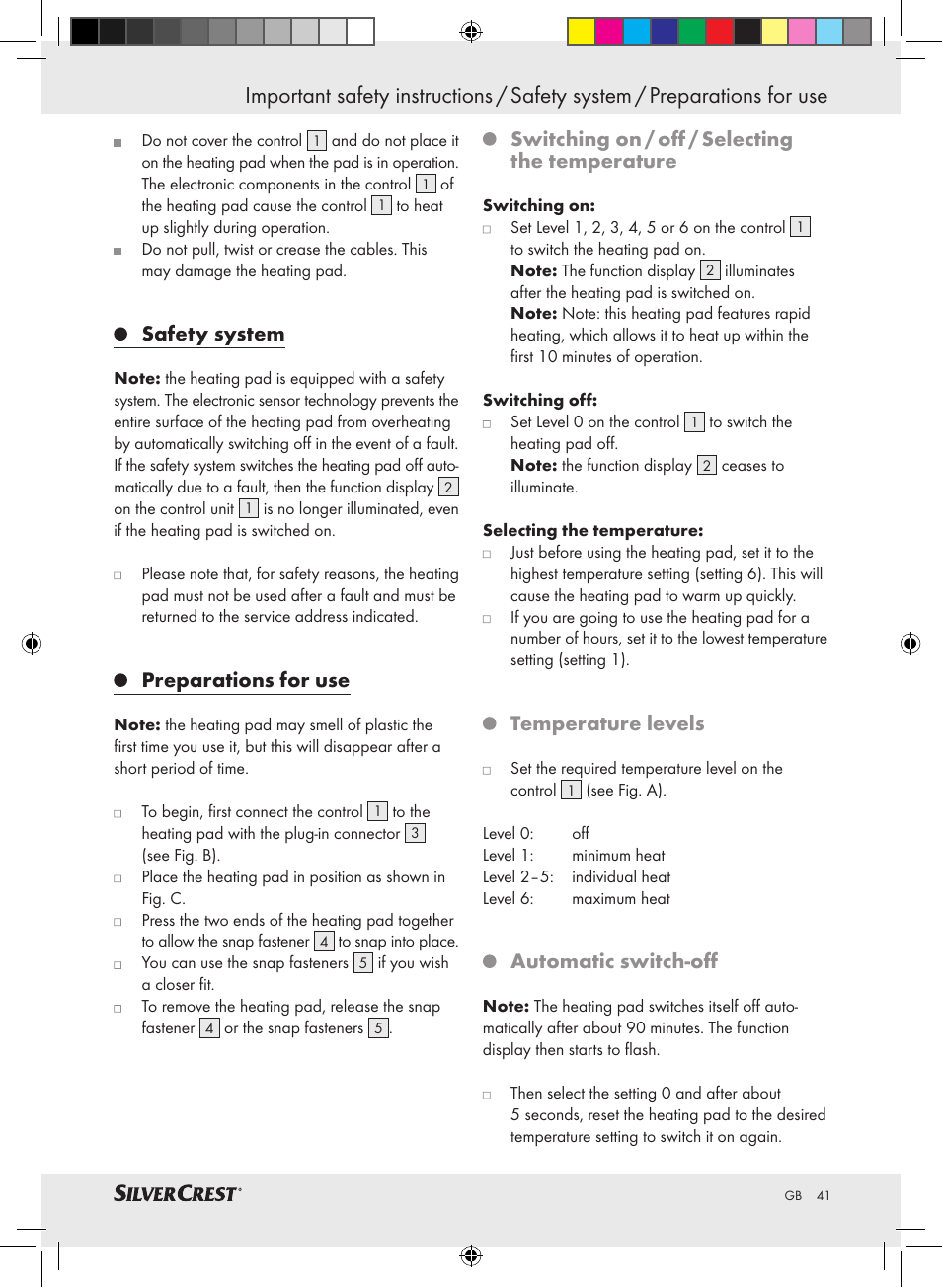 Safety system, Preparations for use, Switching on / off / selecting the temperature | Temperature levels, Automatic switch-off | Silvercrest SSHK 100 A2 User Manual | Page 37 / 40