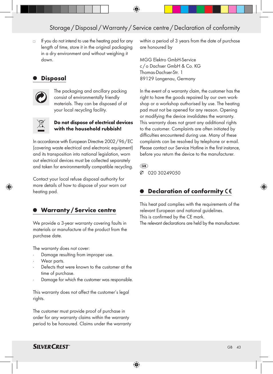 Disposal, Warranty / service centre, Declaration of conformity | Silvercrest SSHK 100 A2 User Manual | Page 39 / 40