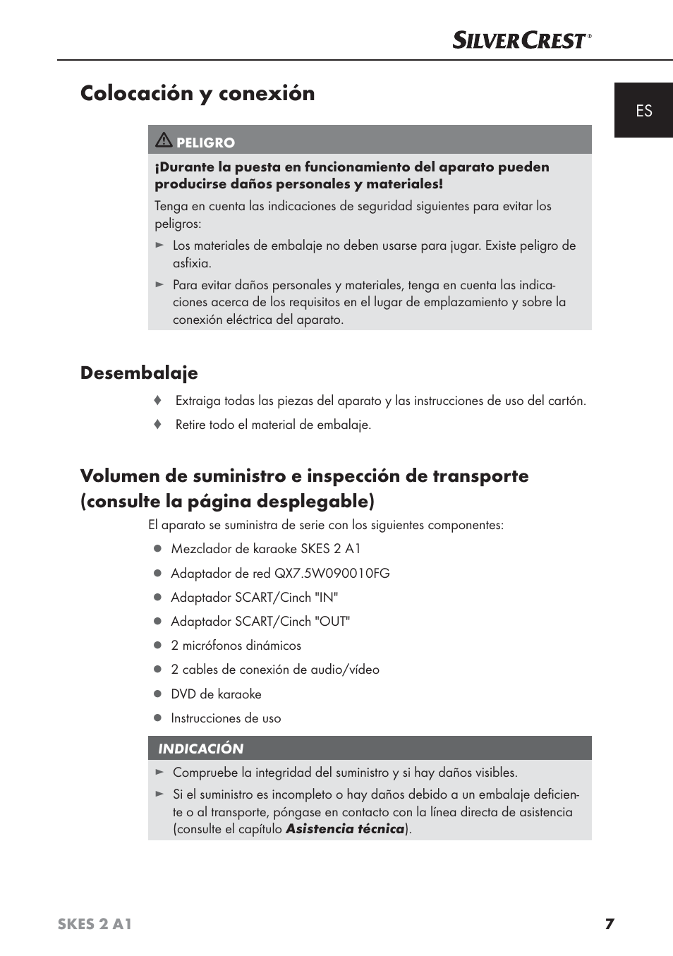 Colocación y conexión, Desembalaje | Silvercrest SKES 2 A1 User Manual | Page 10 / 83