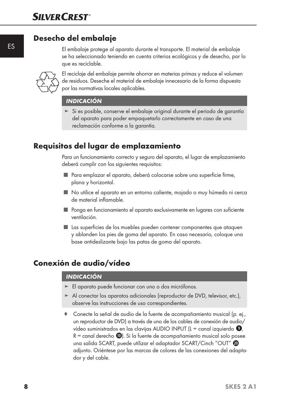 Desecho del embalaje, Requisitos del lugar de emplazamiento, Conexión de audio/vídeo | Silvercrest SKES 2 A1 User Manual | Page 11 / 83
