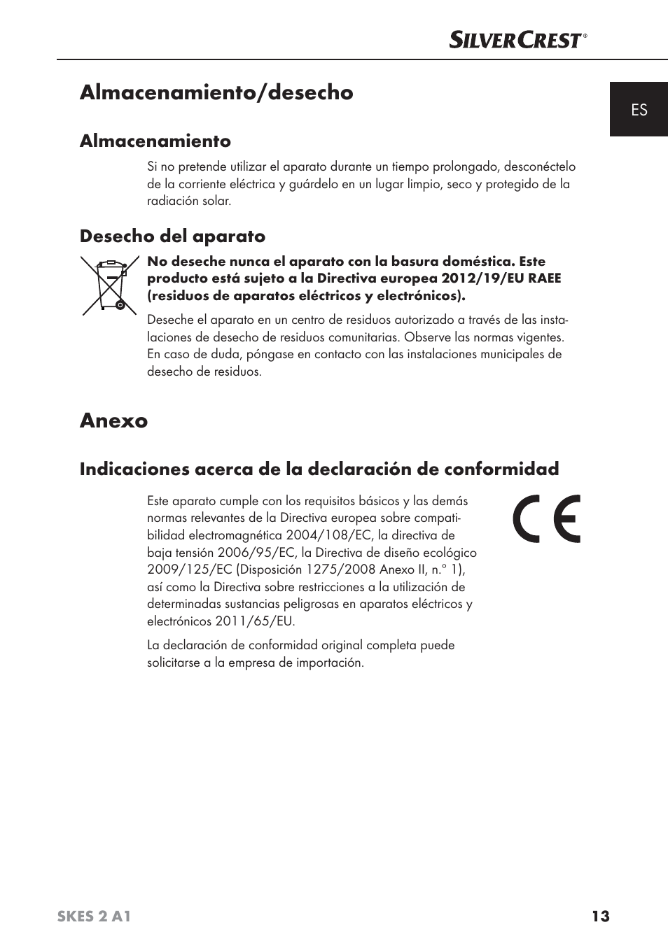 Almacenamiento/desecho, Anexo, Almacenamiento | Desecho del aparato | Silvercrest SKES 2 A1 User Manual | Page 16 / 83