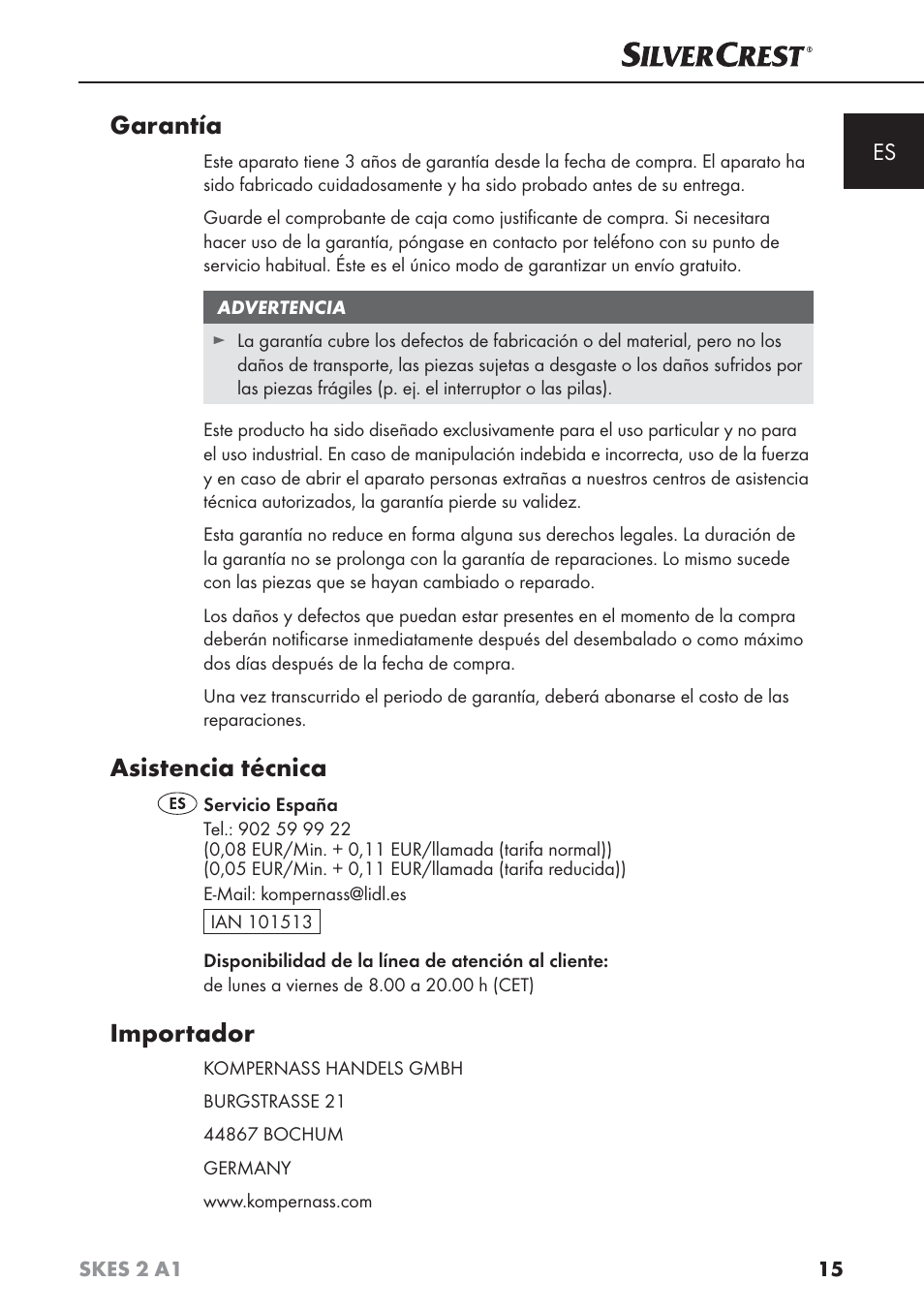 Garantía, Asistencia técnica, Importador | Silvercrest SKES 2 A1 User Manual | Page 18 / 83